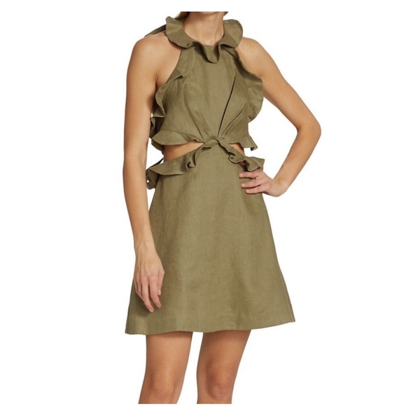 Zimmermann Postcard Tie Back Mini Linen Dress in Khaki NWT - Picture 1 of 4